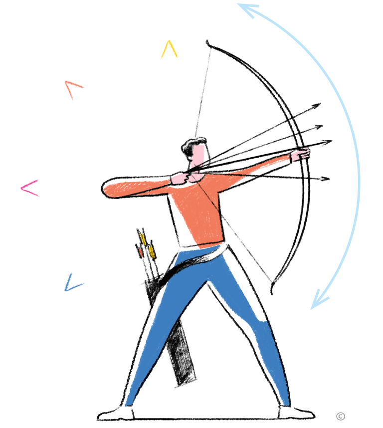 Kleurrijke boogschutter met meerdere pijlen op de boog